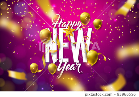 2022 Happy New Year Illustration with Falling Confetti, Serpentine and Party Balloons on Colorful Blurry Background. Vector Christmas Holiday Season Design with Typography Lettering for Flyer 83966556