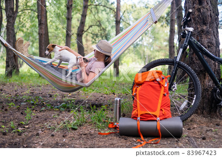Caucasian woman lies in a hammock with Jack Russell Terrier dog in a pine forest Caucasian woman lies in a hammock with Jack Russell Terrier dog in a pine forest 83967423