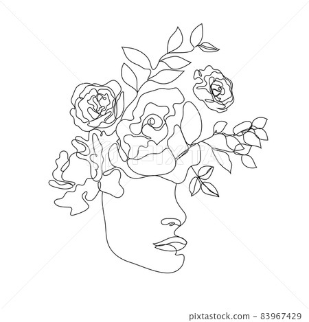 Vector woman face line art illustration, logo with flowers and leaves, feminine nature concept. Use for prints, tattoos, posters, textile, logotypes, cards etc. Monoline, continuous line. 83967429
