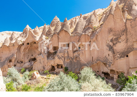 Unique geological rock formations in Zelve open air museum. Cappadocia, Turkey. 83967904