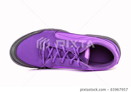 right cheap violet hiking or hunting shoe isolated on white background - view from above 83967957