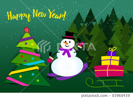 Banner Happy New Year. Paper ribbon on Christmas tree with sta 83968439