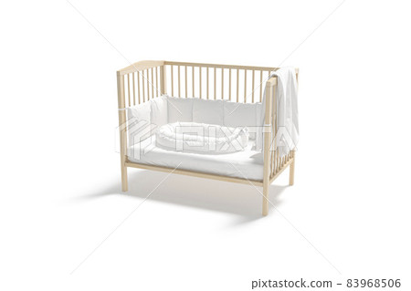 Blank wood cot with white crib sheet and nest mockup 83968506