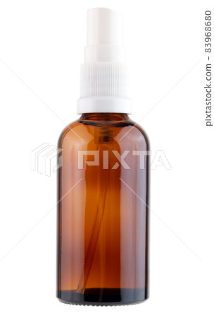 small brown glass bottle with spray white push button 83968680