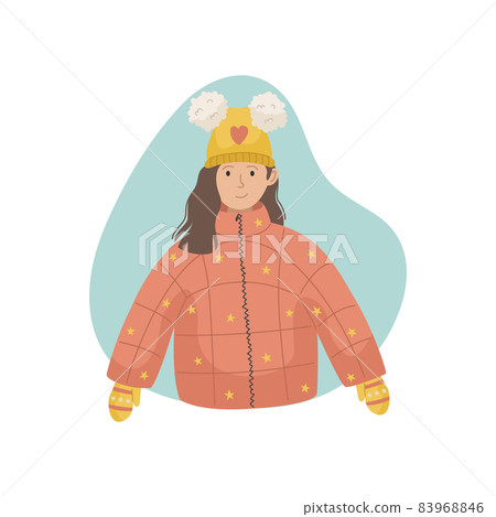 Vector illustration of a girl in a winter sintepon jacket and a knitted hat. Winter clothin Vector illustration of a girl in a winter sintepon jacket and a knitted hat. Winter clothin 83968846