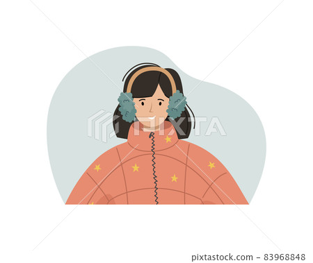 Vector illustration of a girl in a winter sintepon jacket, fur headphones. Winter clothing. 83968848