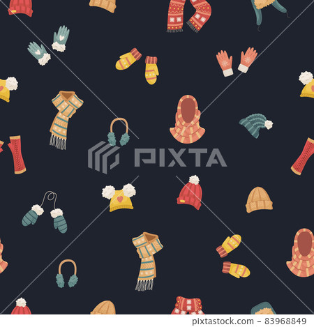 Vector seamless pattern with winter hats. Hat, snood, headphones, gloves, mittens, blowjobs. 83968849