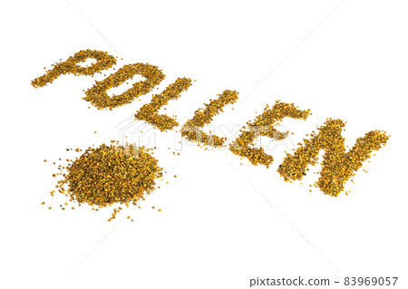 the word pollen laid with yellow pollen grain on white background with diagonal perspective the word pollen laid with yellow pollen grain on white background with diagonal perspective 83969057