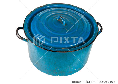 old large enameled blue pot with cover isolated on white background old large enameled blue pot with cover isolated on white background 83969408
