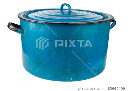 old large enameled blue pot with cover isolated on white background old large enameled blue pot with cover isolated on white background 83969409