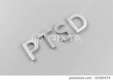 an abbreviation PTSD - post traumatic stress disorder - laid with silver metal letters on light gray flat surface 83969474