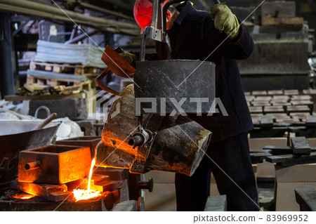 Industrial chill casting. The process of for filling out mold with molten metal. Industrial chill casting. The process of for filling out mold with molten metal. 83969952