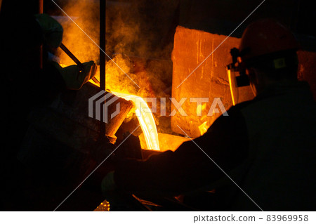 Close-up view of industrial chill casting. The process of for filling out mold with molten metal. Close-up view of industrial chill casting. The process of for filling out mold with molten metal. 83969958
