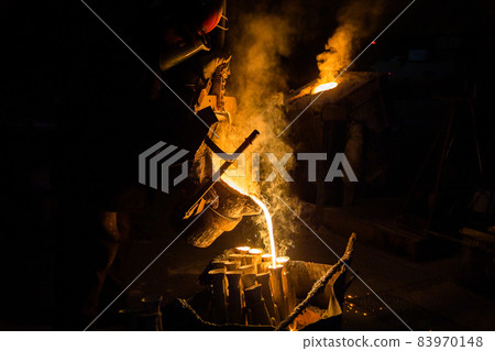 Industrial lost wax casting. The process of pouring for filling out ceramic shells with molten steel. 83970148