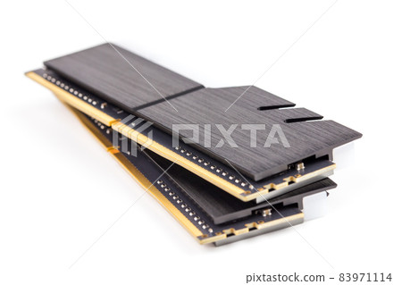a pair of ddr4 dimm pc ram memoty modules with stylish black heatsinks - isolated on white with selective focus 83971114