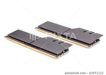 a pair of ddr4 dimm pc ram memoty modules with stylish black heatsinks - isolated on white with selective focus a pair of ddr4 dimm pc ram memoty modules with stylish black heatsinks - isolated on white with selective focus 83971115