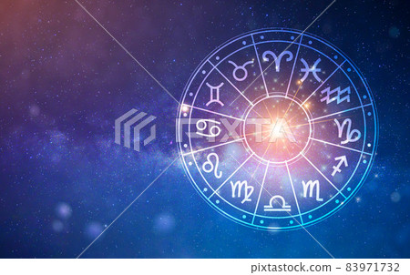 Zodiac signs inside of horoscope circle. Astrology in the sky with many stars and moons  astrology and horoscopes concept 83971732