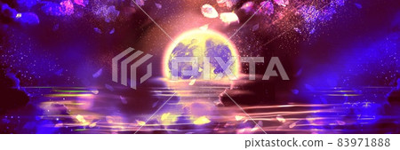 A fantastic panoramic iras with a full moon, a snowstorm, and petals of cherry blossoms at night, set in the sea reflecting the blue night sky. A fantastic panoramic iras with a full moon, a snowstorm, and petals of cherry blossoms at night, set in the sea reflecting the blue night sky. 83971888