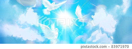 Background painting of three white doves flying around the blue sky leading to heaven and the sunshine Background painting of three white doves flying around the blue sky leading to heaven and the sunshine 83971970