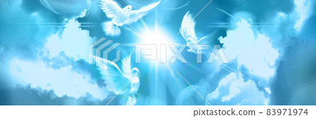Background painting of three white doves flying around the blue sky leading to heaven and the sunshine Background painting of three white doves flying around the blue sky leading to heaven and the sunshine 83971974