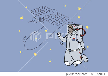 Astronaut in costume with artificial satellite in space Astronaut in costume with artificial satellite in space 83972011