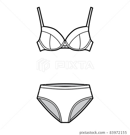 Set of lingerie - bra full cup and high-cup briefs panties technical fashion illustration with adjustable straps. Flat Set of lingerie - bra full cup and high-cup briefs panties technical fashion illustration with adjustable straps. Flat 83972155