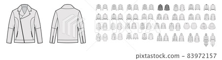 Set of coats, jackets, outerwear technical fashion illustration with oversized, thick, hood collar, long sleeves, pocket Set of coats, jackets, outerwear technical fashion illustration with oversized, thick, hood collar, long sleeves, pocket 83972157
