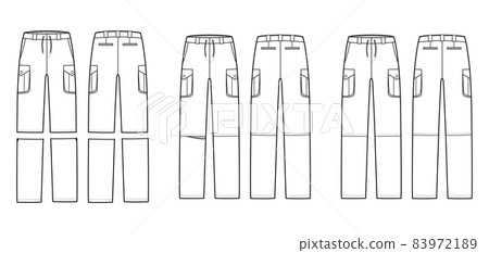 Set of Zip-off convertible pants technical fashion illustration with low waist, box pleated cargo pockets, drawstring 83972189