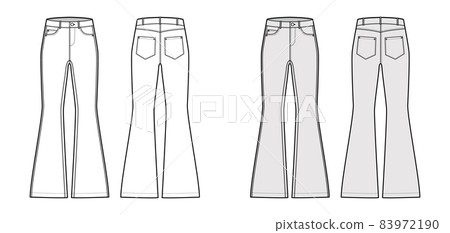 Jeans flared bottom Denim pants technical fashion illustration with full length, low waist, rise, 5 pockets, Rivets Flat Jeans flared bottom Denim pants technical fashion illustration with full length, low waist, rise, 5 pockets, Rivets Flat 83972190