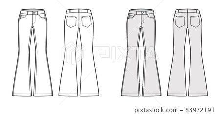 Jeans flared bottom Denim pants technical fashion illustration with full length, low waist, rise, 5 pockets, Rivets Flat Jeans flared bottom Denim pants technical fashion illustration with full length, low waist, rise, 5 pockets, Rivets Flat 83972191