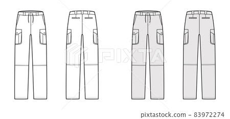 Zip-off convertible pants technical fashion illustration with low waist, high rise, box cargo jetted pockets, drawstring 83972274