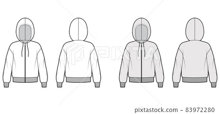 Zip-up Hoody sweatshirt technical fashion illustration with long sleeves, oversized body, knit rib cuff, banded hem 83972280