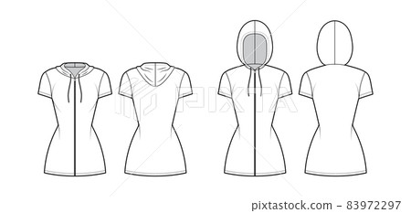 Set of Zip-up Hoody dresses technical fashion illustration with short sleeves, mini length, fitted body, Pencil fullness 83972297