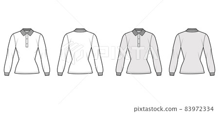 Shirt polo fitted technical fashion illustration with long sleeves, tunic length, henley button neck, flat knit collar 83972334