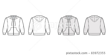 Zip-up Hoody sweatshirt technical fashion illustration with elbow sleeves, relax body, kangaroo pouch, banded hem 83972355