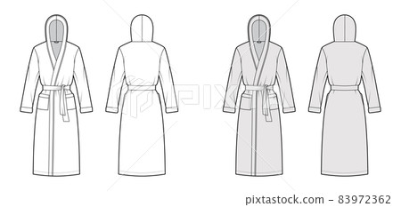 Bathrobes hooded Dressing gown technical fashion illustration with wrap opening, knee length, tie, pocket, elbow sleeves 83972362
