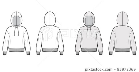 Hoody sweatshirt technical fashion illustration with long sleeves, oversized body, knit rib cuff, banded hem, drawstring 83972369
