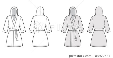 Bathrobe hooded Dressing gown technical fashion illustration with wrap opening, mini length, tie, pocket, elbow sleeves Bathrobe hooded Dressing gown technical fashion illustration with wrap opening, mini length, tie, pocket, elbow sleeves 83972385