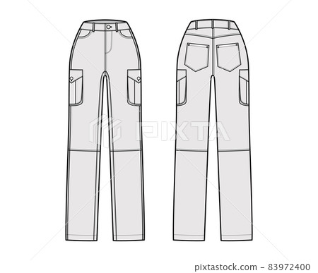 Set of Jeans cargo Denim pants technical fashion illustration with normal waist, high rise, belt loops, full lengths Set of Jeans cargo Denim pants technical fashion illustration with normal waist, high rise, belt loops, full lengths 83972400