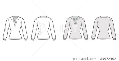Shirt polo technical fashion illustration with long sleeves, tunic length, open henley neck, slim fit, flat collar. 83972402