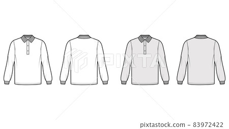 Shirt polo oversized technical fashion illustration with long sleeves, tunic length, henley button neck flat knit collar Shirt polo oversized technical fashion illustration with long sleeves, tunic length, henley button neck flat knit collar 83972422
