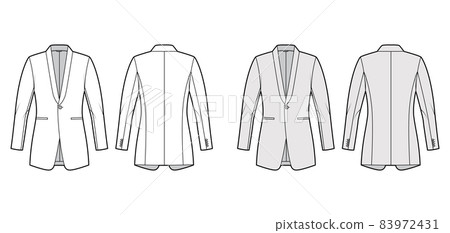 Dinner fitted jacket suit tuxedo technical fashion illustration with single breasted, long sleeves, jetted pockets. Flat 83972431