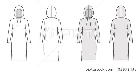 Hoody dress technical fashion illustration with long sleeves, knee length, oversized body, Pencil fullness. Flat sweater Hoody dress technical fashion illustration with long sleeves, knee length, oversized body, Pencil fullness. Flat sweater 83972433