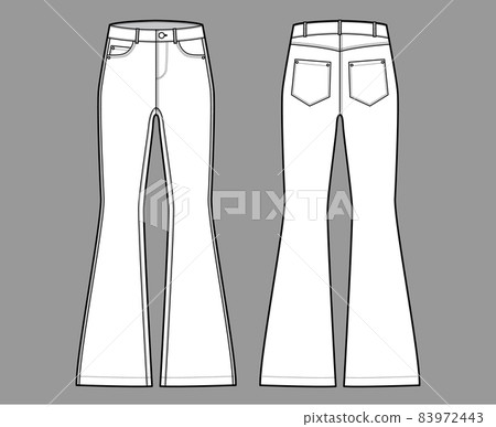 Jeans flared bottom Denim pants technical fashion illustration with full length, low waist, rise, 5 pockets, Rivets Flat Jeans flared bottom Denim pants technical fashion illustration with full length, low waist, rise, 5 pockets, Rivets Flat 83972443