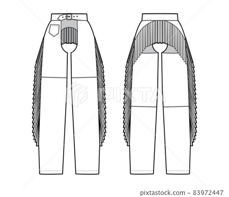 Pants cowboy chaps technical fashion illustration with normal belt waist, high rise, fringes, full length. Flat bottom 83972447