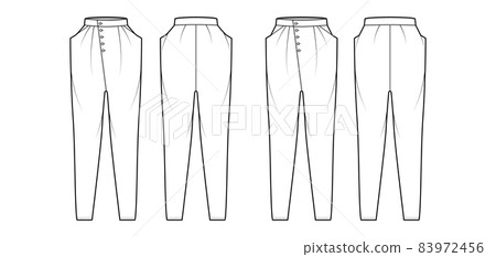 Set of Tapered Baggy pants technical fashion illustration with low normal waist, high rise, slash pockets, draping front Set of Tapered Baggy pants technical fashion illustration with low normal waist, high rise, slash pockets, draping front 83972456