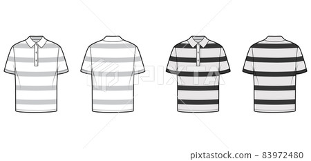 Shirt rugby stripes technical fashion illustration with short sleeves, tunic length, oversized body, henley collar. 83972480