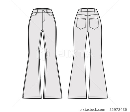 Jeans flared bottom Denim pants technical fashion illustration with full length, normal waist, high rise, 5 pockets Jeans flared bottom Denim pants technical fashion illustration with full length, normal waist, high rise, 5 pockets 83972486