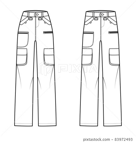 Set of Ski pants technical fashion illustration with normal low waist, high rise, flap zipper patch pockets, full length 83972493