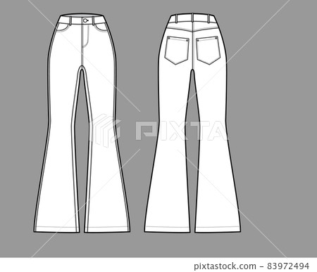 Jeans flared bottom Denim pants technical fashion illustration with full length, normal waist, high rise, 5 pockets Jeans flared bottom Denim pants technical fashion illustration with full length, normal waist, high rise, 5 pockets 83972494
